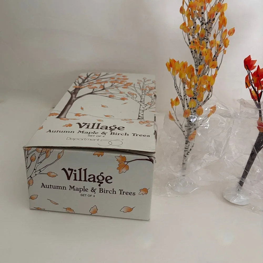 NEW!! Vintage DEPARTMENT 56 Halloween Village Autumn Maple Birch Trees Set 4 Box